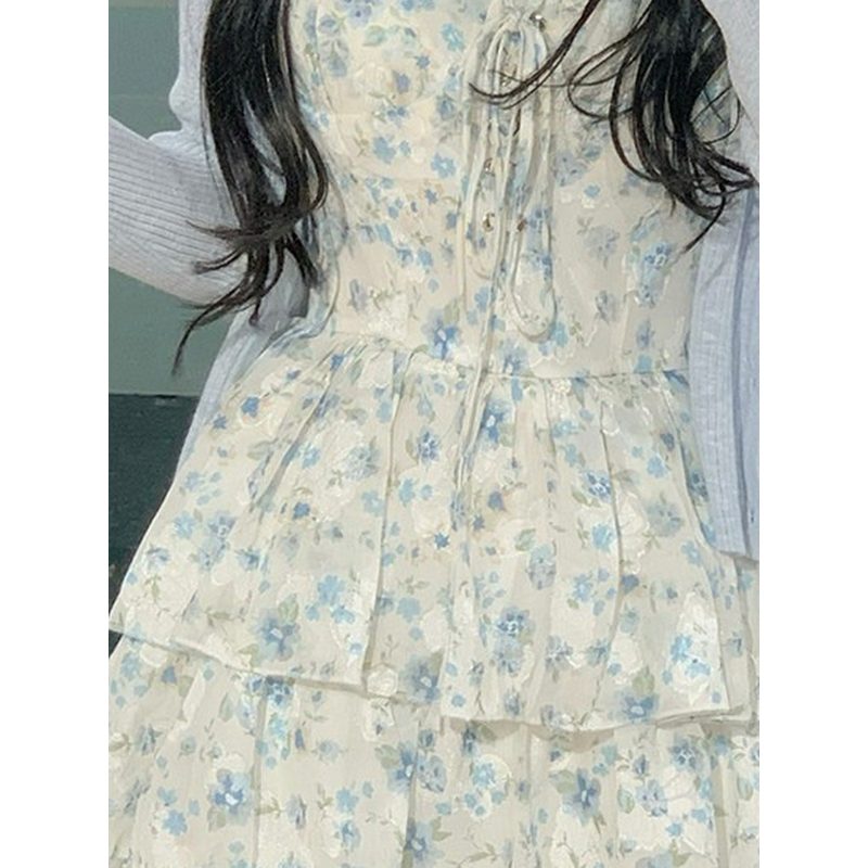 蓝色碎花吊带短裙 女夏季雪纺蛋糕短裙 细节图2